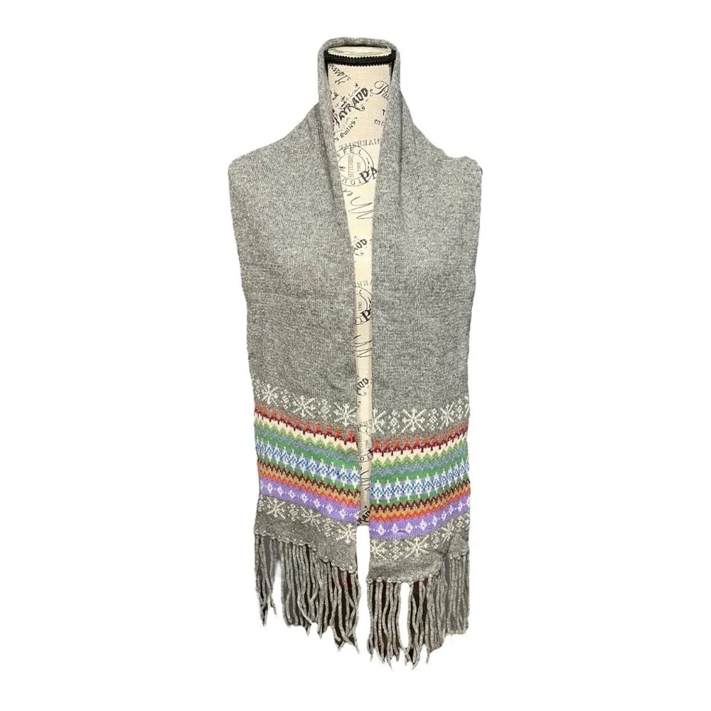 Steve & Barry’s Gray Nordic Fringe Knit Scarf 65” Lambswool Blend
